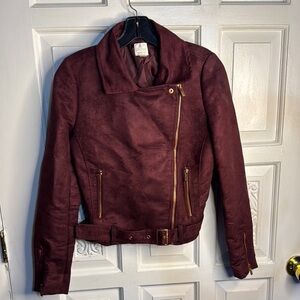 LC Lauren Conrad Runway Faux Suede Burgundy Moto Jacket With Rose Gold Details